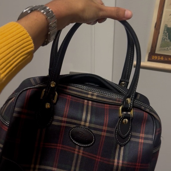 Vintage Tartan Plaid Top Handle Satchel with Leather Trim - Classic Shoulder Bag - Picture 4 of 6